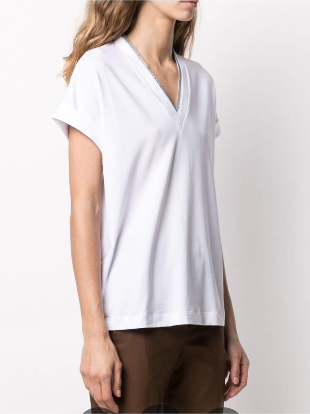 Brunello Cucinelli White V-Neck Short Sleeve Tee with Metallic Trim